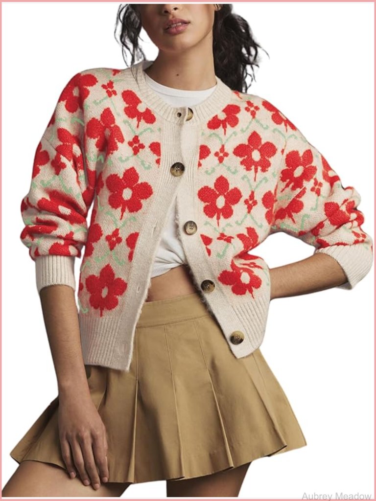 Women's Floral Cardigan Sweater Open Front Long Sleeve Button Down Knit